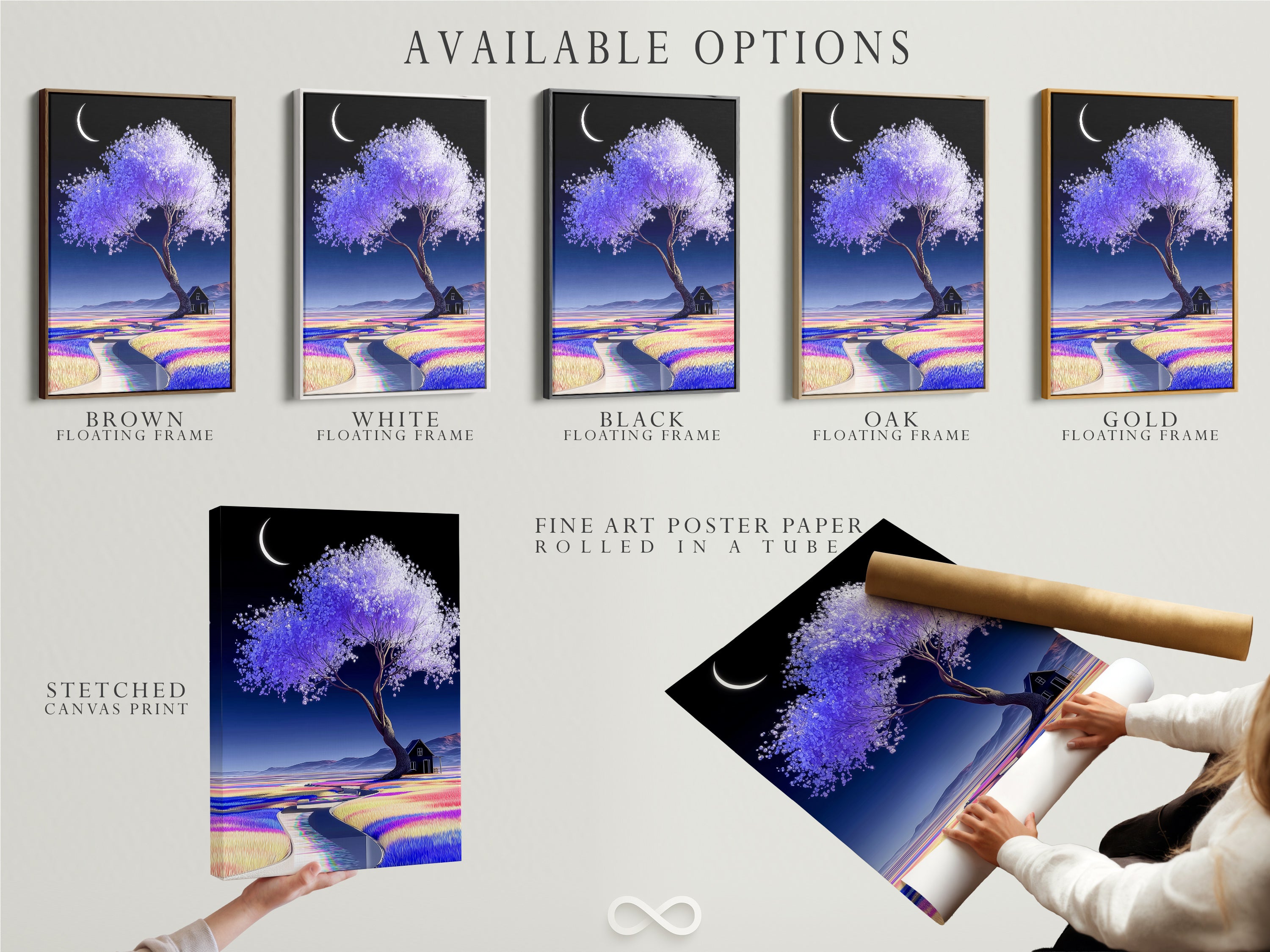 Explore available options for the lavender tree artwork. Choose from a stretched canvas print fine art poster paper or a floating frame. The pastel landscape suits any style. The moon art print adds a dreamy touch. Perfect calming art print for your home.