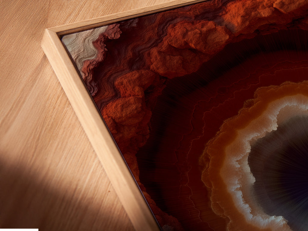 A close-up angled view of a canvas print. It is displayed in a floating frame. The artwork is a Rust Orange Agate Wall Art. A Modern Crystal Canvas Print perfect for Office Decor.