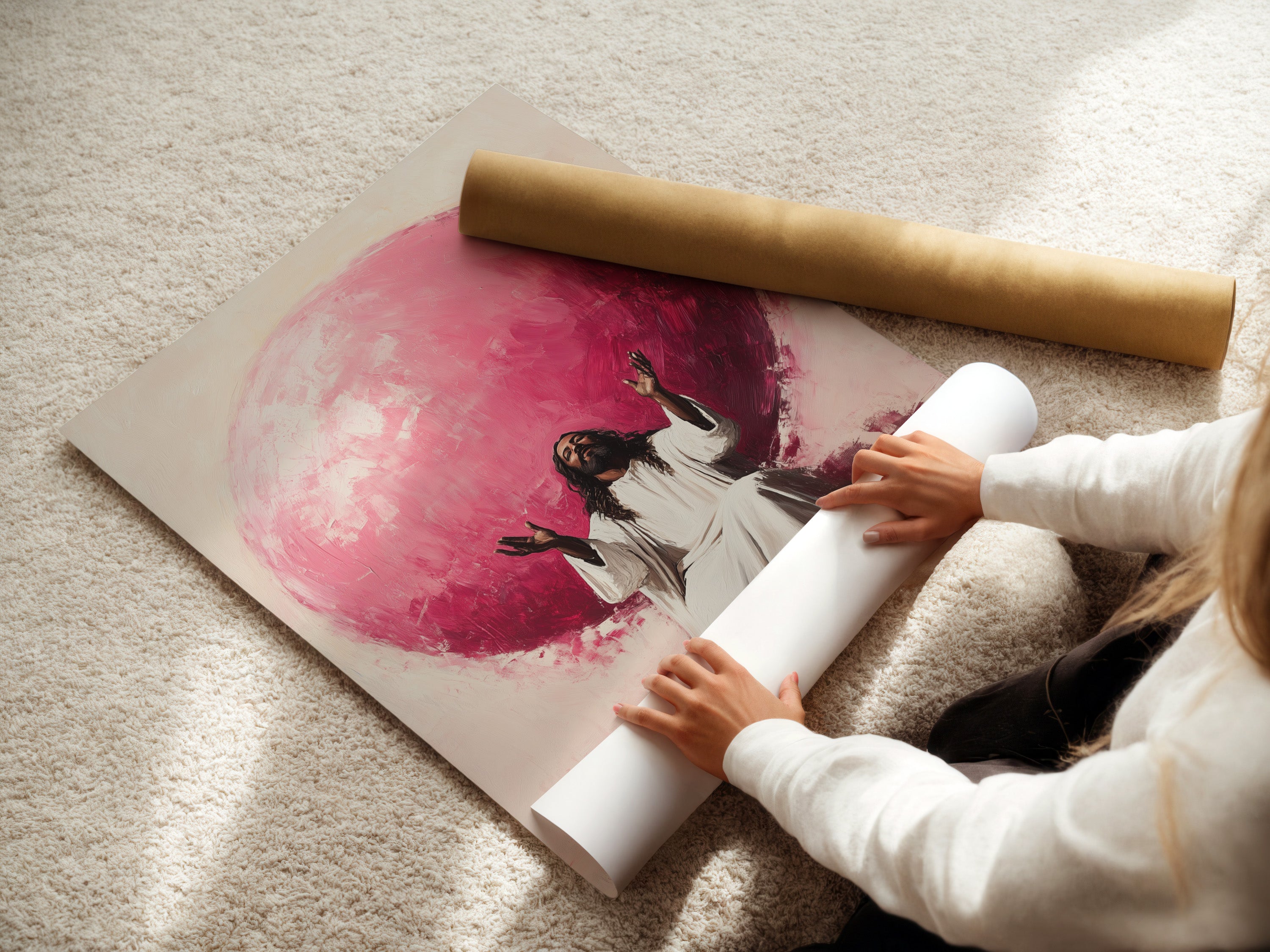 Woman rolling a fine art poster paper. The fine art paper ensures high-quality prints. Perfect for preserving the details of your artwork. Get your artwork printed on our premium paper. Experience the difference with our fine art paper.