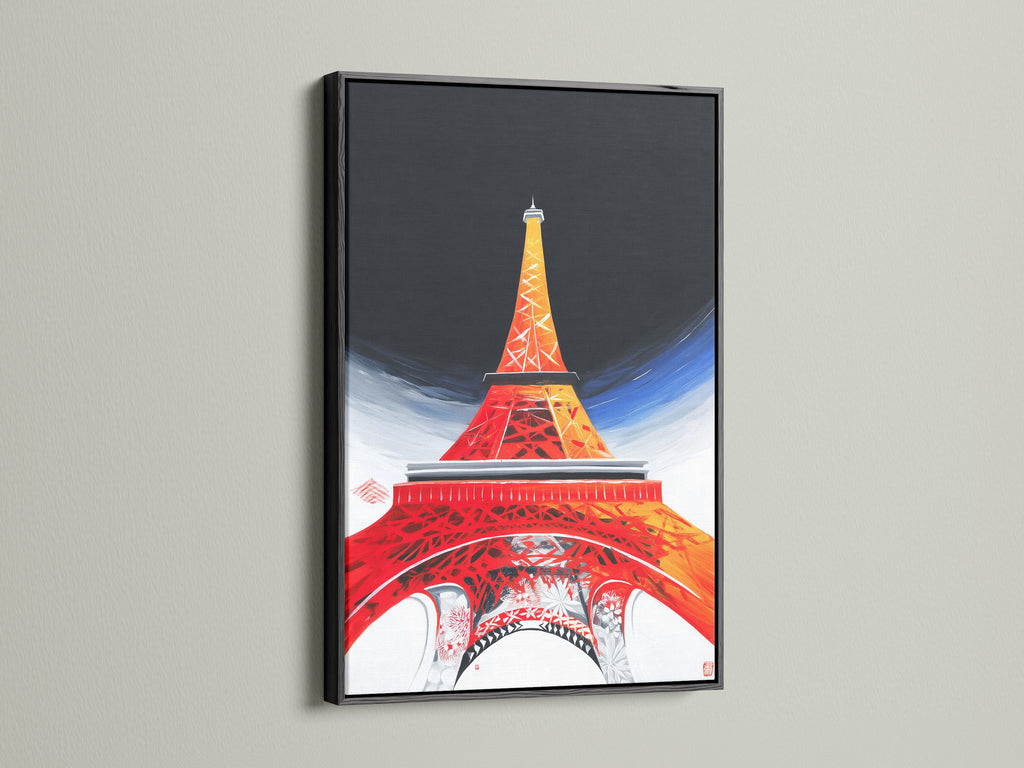A striking black frame encases an Eiffel Tower poster. The black frame provides a bold contrast. It highlights the red and orange hues of the artwork. Add a contemporary edge to your tower artwork with our black frame.