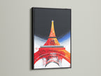 A striking black frame encases an Eiffel Tower poster. The black frame provides a bold contrast. It highlights the red and orange hues of the artwork. Add a contemporary edge to your tower artwork with our black frame.