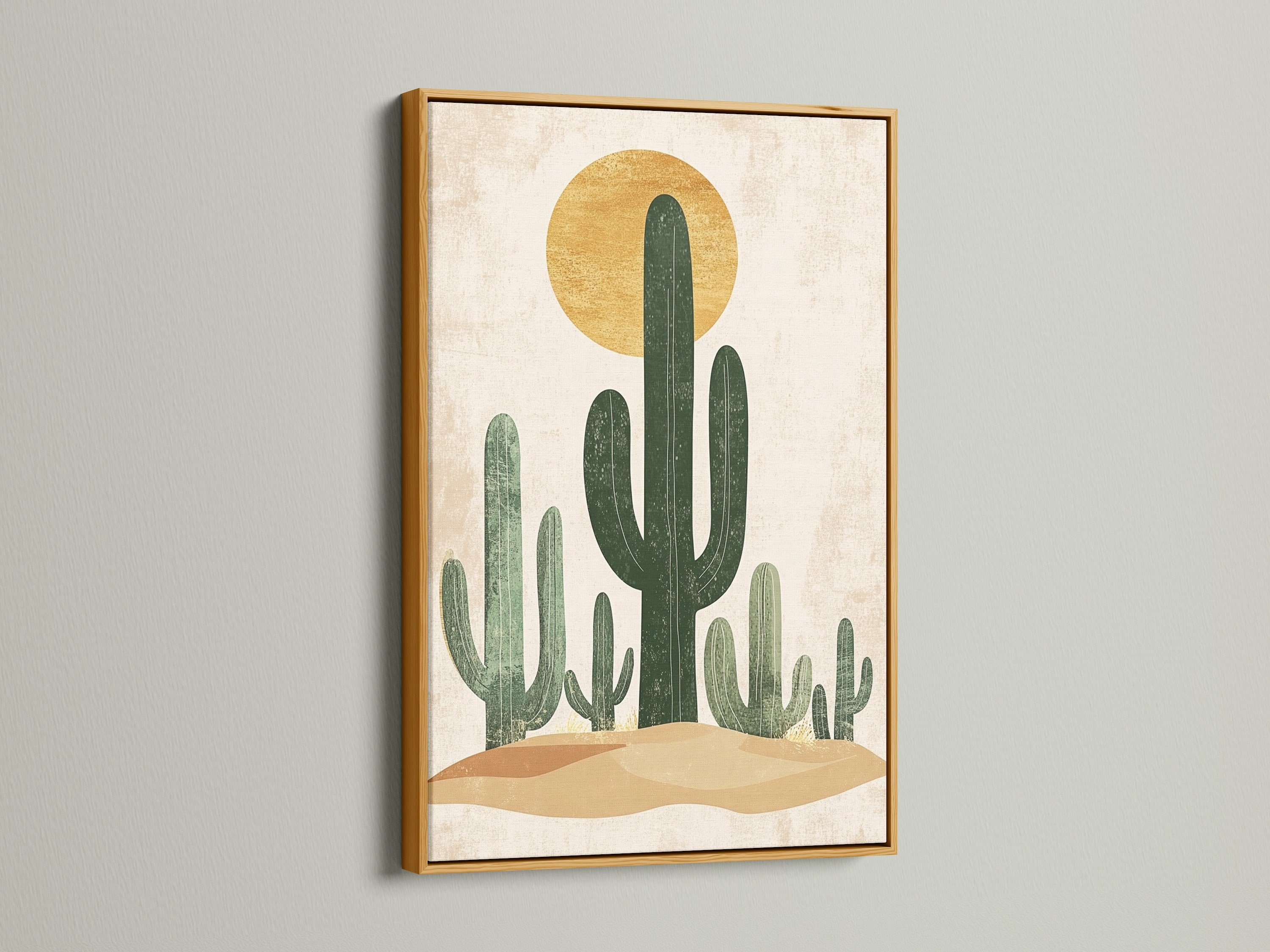 This desert themed artwork is showcased in a gold floating frame. The gold frame adds elegance to the artwork. The warm frame creates a luxurious look for this cactus art. This frame option is great for classic interiors. Purchase this fine art print in a gold floating frame today.