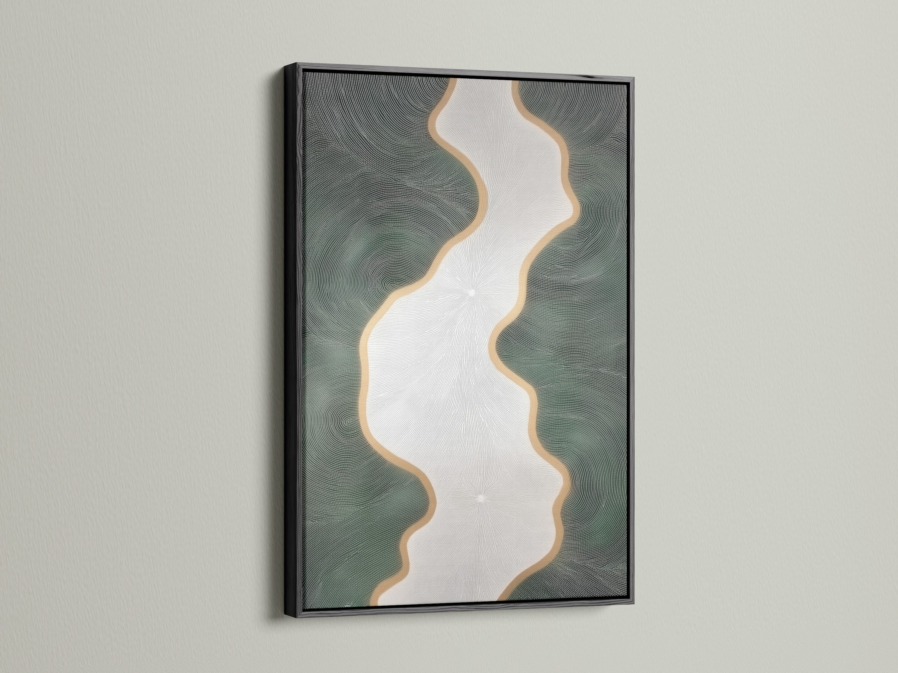 The abstract river art is highlighted by a black frame. The flowing lines and gold accents stand out against the dark frame. This modern canvas print is ideal for bedroom decor. The artwork complements minimalist contemporary or Scandinavian styles. It's well-suited for living rooms bedrooms offices spas boutiques and waiting rooms.