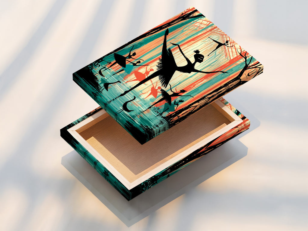A stretched canvas print featuring ballerina art. The teal and coral colors enhance the modern artwork. It is ready to hang and adds a sophisticated touch. This is ideal for dance studios or homes.