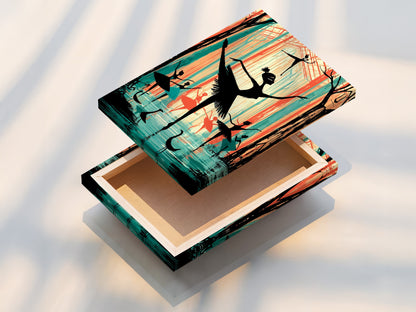 A stretched canvas print featuring ballerina art. The teal and coral colors enhance the modern artwork. It is ready to hang and adds a sophisticated touch. This is ideal for dance studios or homes.