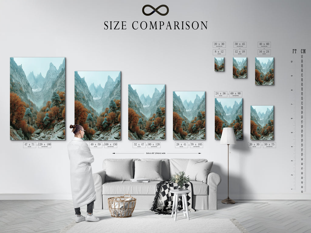 Size comparison chart in an interior setting showcasing mountain valley artwork. Visualize how the autumn landscape will fit in your space. Choose the perfect size for your canvas print or fine art poster to enhance your decor.