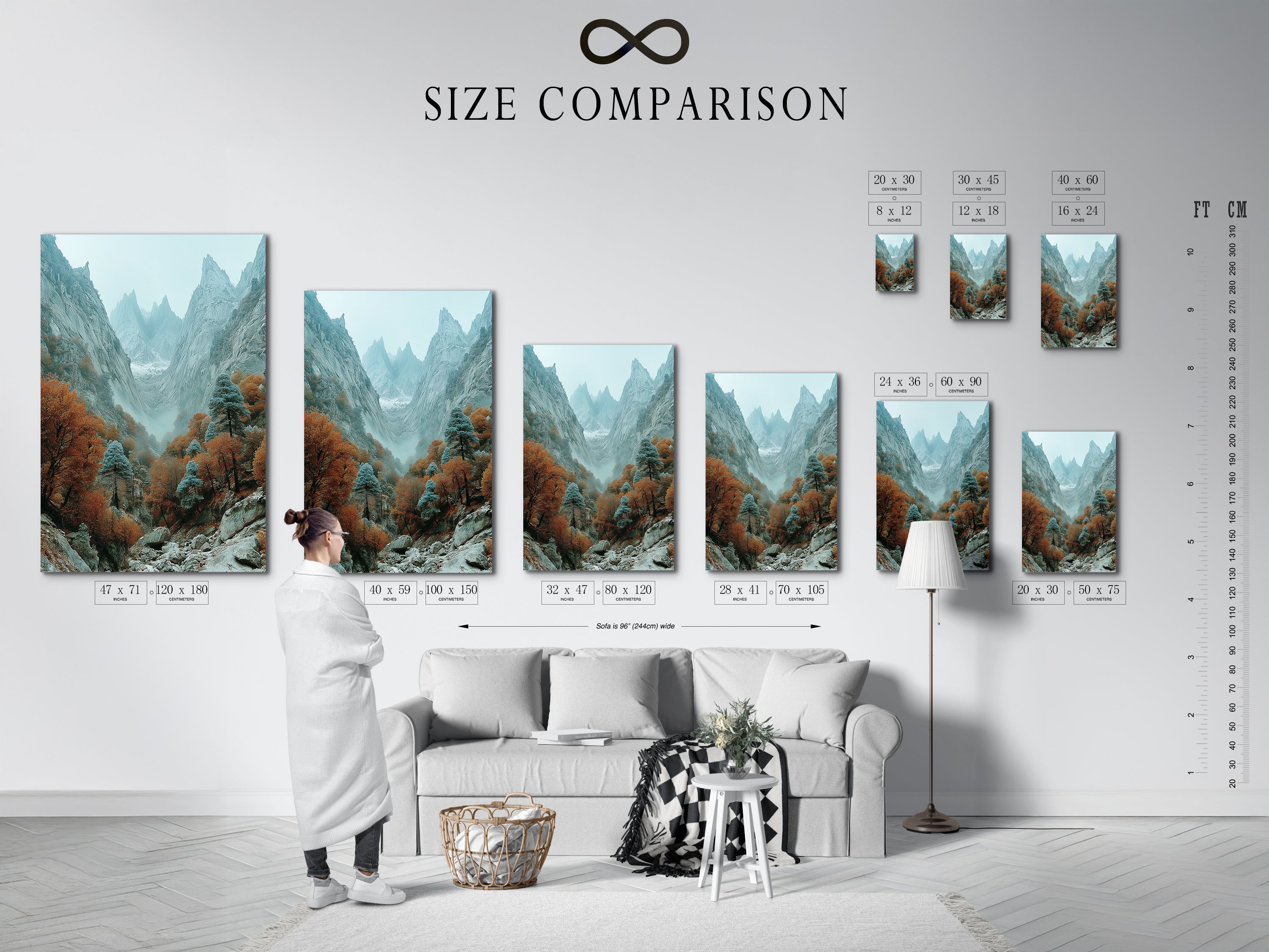 Size comparison chart in an interior setting showcasing mountain valley artwork. Visualize how the autumn landscape will fit in your space. Choose the perfect size for your canvas print or fine art poster to enhance your decor.