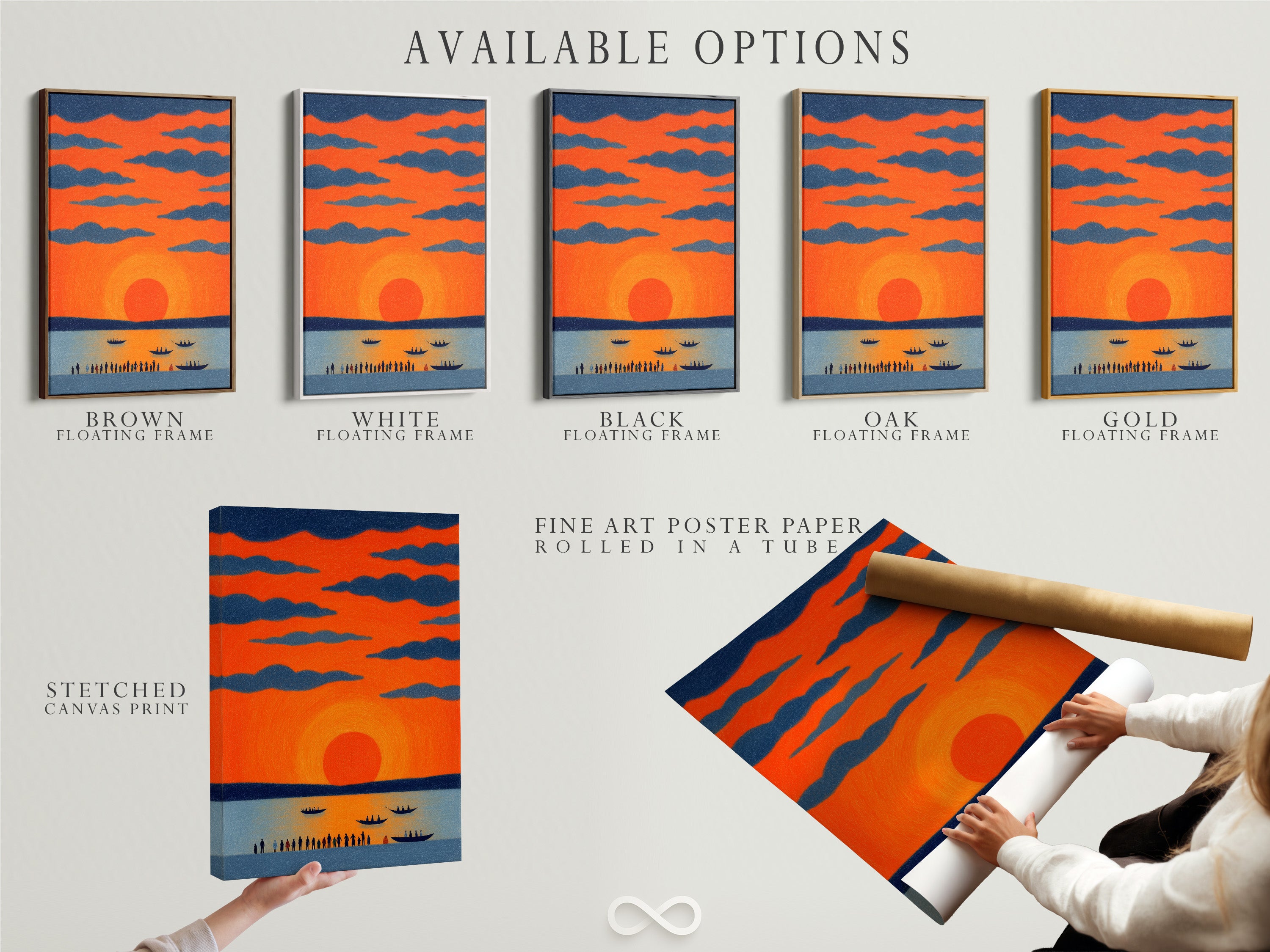 Explore available options for the sunset seascape artwork. Choose from stretched canvas prints fine art poster paper or floating frames. Customize your coastal art print to match your style. Perfect for any room.