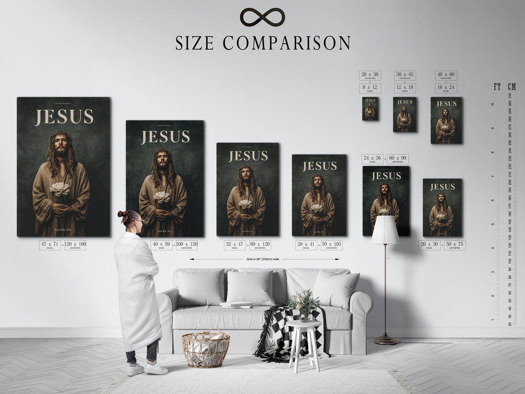 Size comparison chart displayed in an interior setting. Easily visualize the artwork. See the different sizes available. This size chart helps you choose the perfect size. Find the ideal size to fit your space. This chart offers a practical guide for art selection.