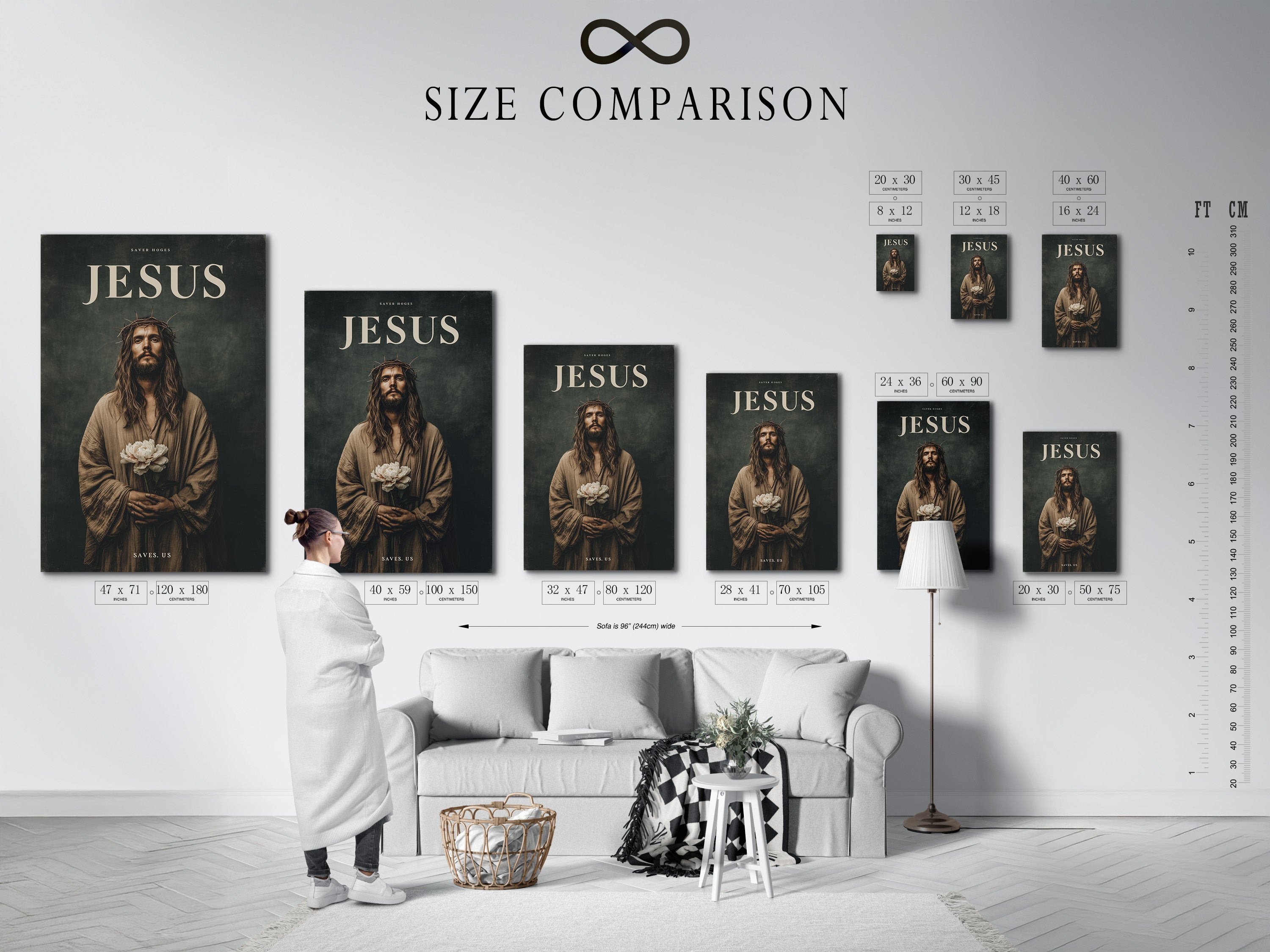 Size comparison chart displayed in an interior setting. Easily visualize the artwork. See the different sizes available. This size chart helps you choose the perfect size. Find the ideal size to fit your space. This chart offers a practical guide for art selection.