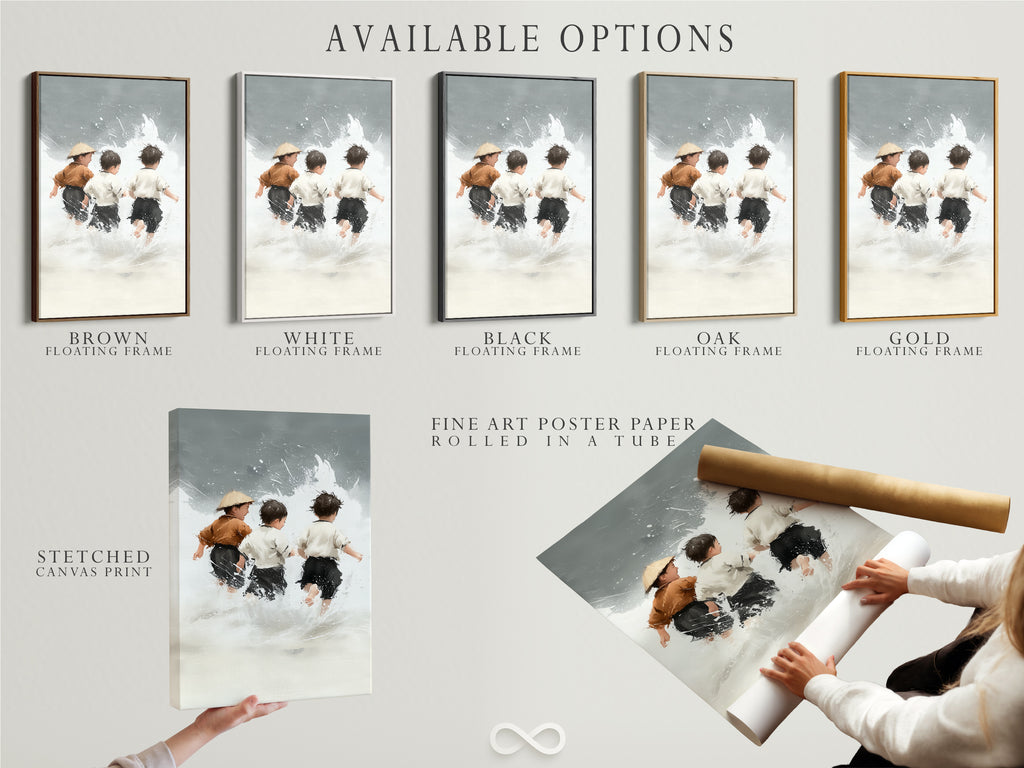 Explore available options for the Children at Play artwork. Choose from a stretched canvas print. Consider fine art poster paper or a floating frame. Find the perfect style to match your decor. Enhance your nursery wall decor with coastal charm. Discover the ideal artwork for your kids' room.