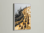 The chess board artwork is displayed in a white frame. This modern artwork fits minimalist Scandinavian coastal rustic industrial or eclectic styles. Find the perfect chess art to complement your space today