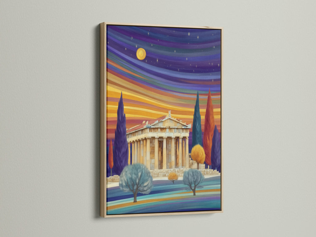 An oak frame surrounds a Parthenon artwork. This ancient Greece print brings classical art into modern spaces. The colorful sunset landscape enhances any room. Ideal for homeowners and interior designers.