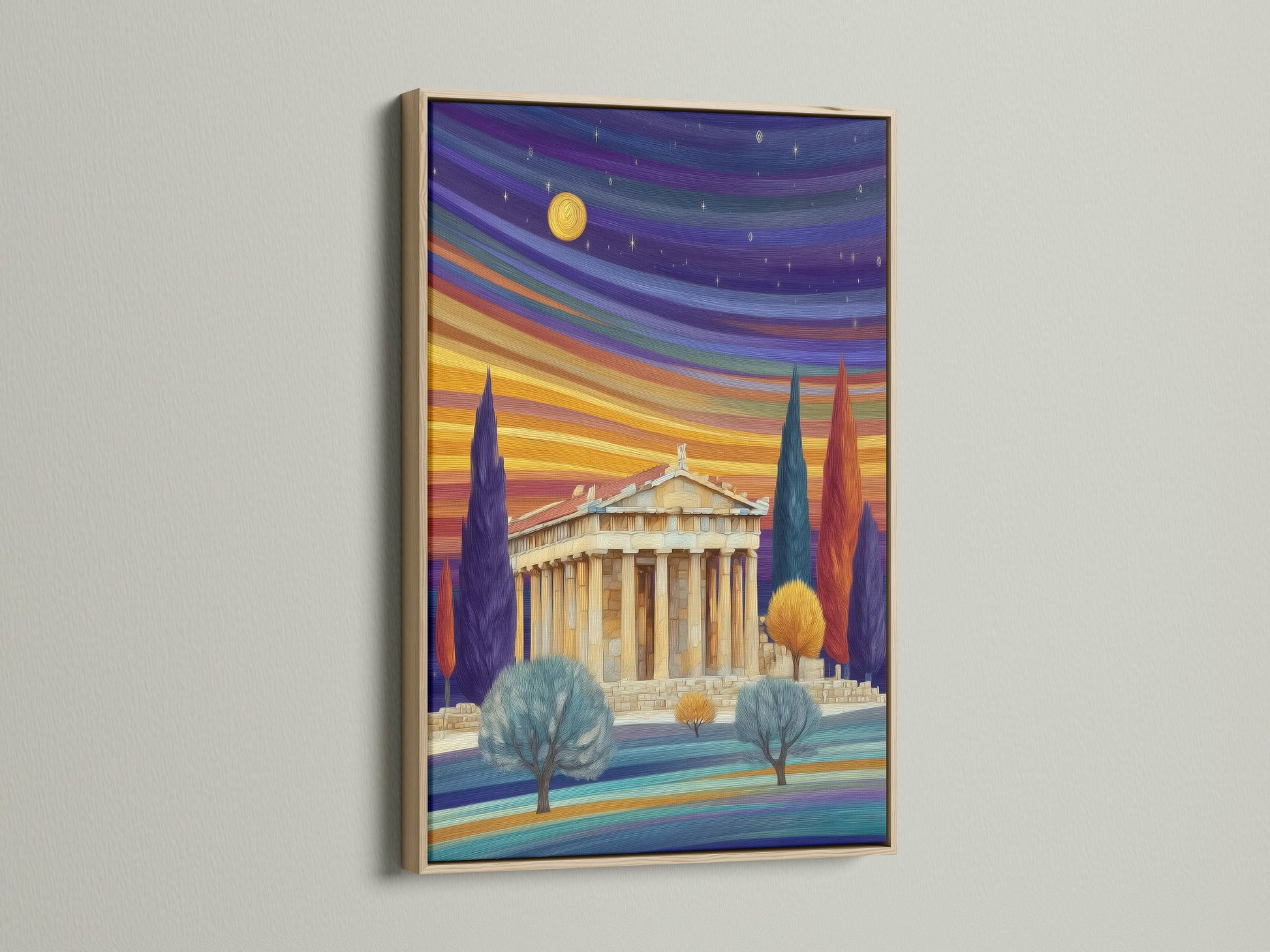 An oak frame surrounds a Parthenon artwork. This ancient Greece print brings classical art into modern spaces. The colorful sunset landscape enhances any room. Ideal for homeowners and interior designers.
