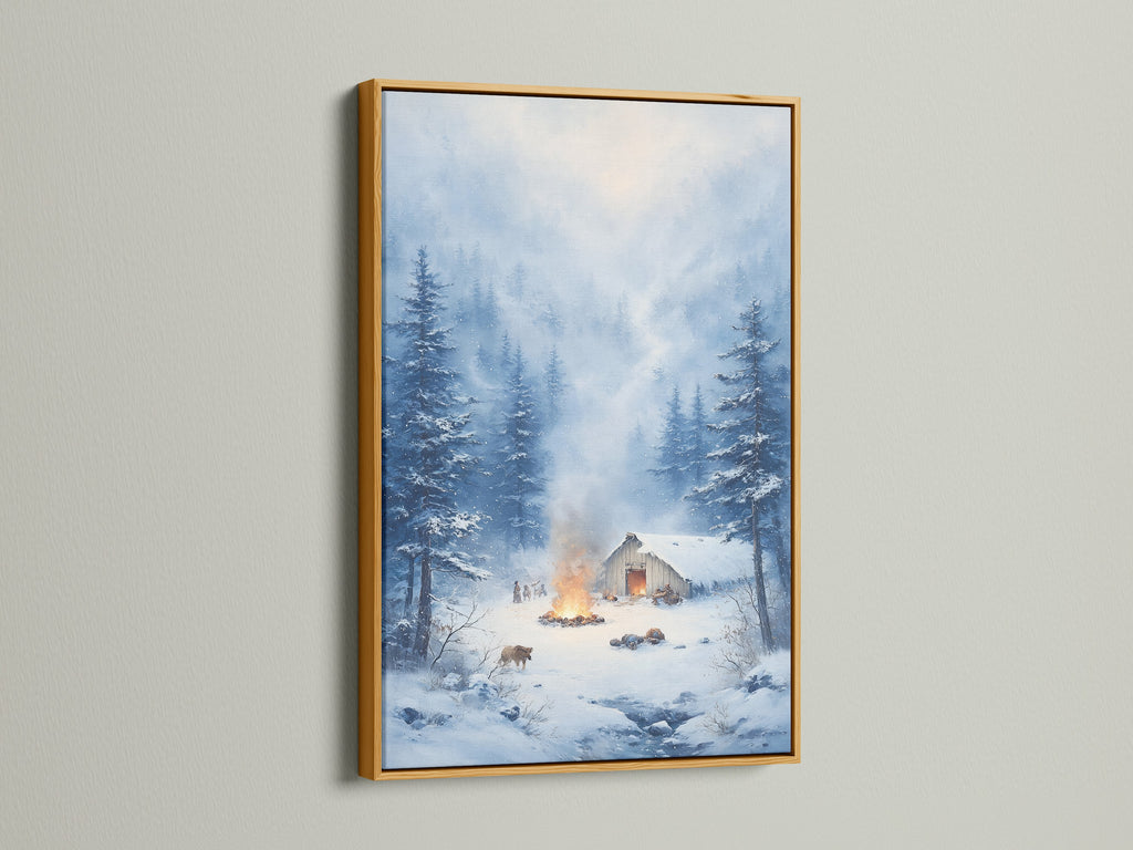 Winter Cabin Artwork in a gold frame. Gold frame enhances the winter landscape. This rustic cabin decor is ideal for homeowners seeking refined country wall decor. Get yours today