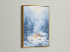Winter Cabin Artwork in a gold frame. Gold frame enhances the winter landscape. This rustic cabin decor is ideal for homeowners seeking refined country wall decor. Get yours today