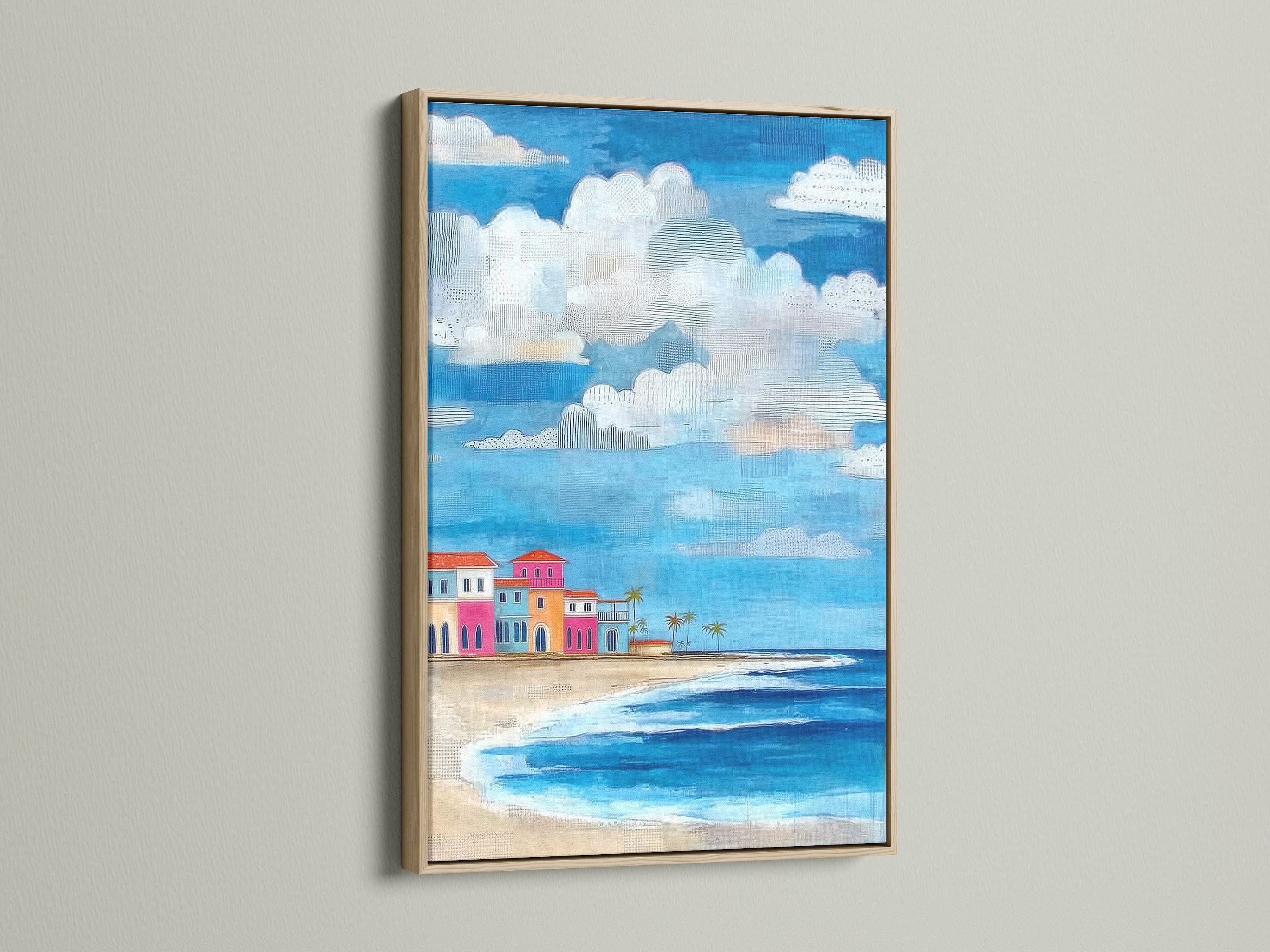 Coastal beach artwork with an oak frame. The artwork shows colorful beach houses. It is a tropical seascape wall art piece. The frame enhances the artwork's beauty.
