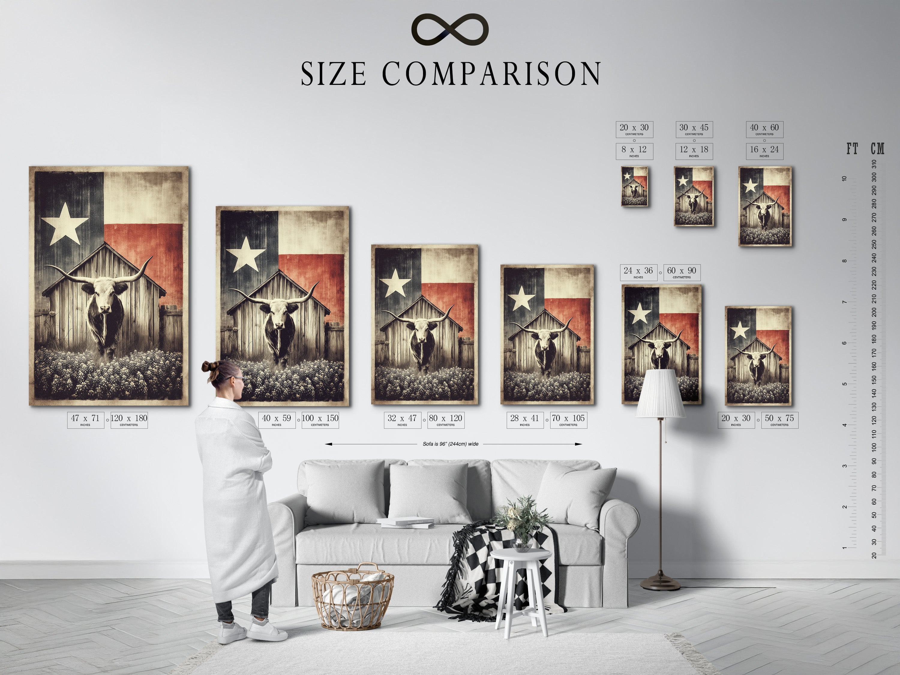 A size comparison chart in an interior setting. The chart displays various sizes of Texas Longhorn art prints. See how each size fits in a living room or office. Choose the perfect scale for your rustic farm decor. Transform your space.
