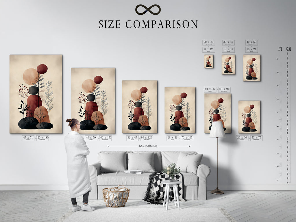 Size comparison chart in an interior setting. Displaying abstract botanical canvas prints and fine art posters. See how different sizes fit in your living space. Visualize the perfect artwork for your home. Earth-tone geometric artwork available in various sizes. Transform your home decor.