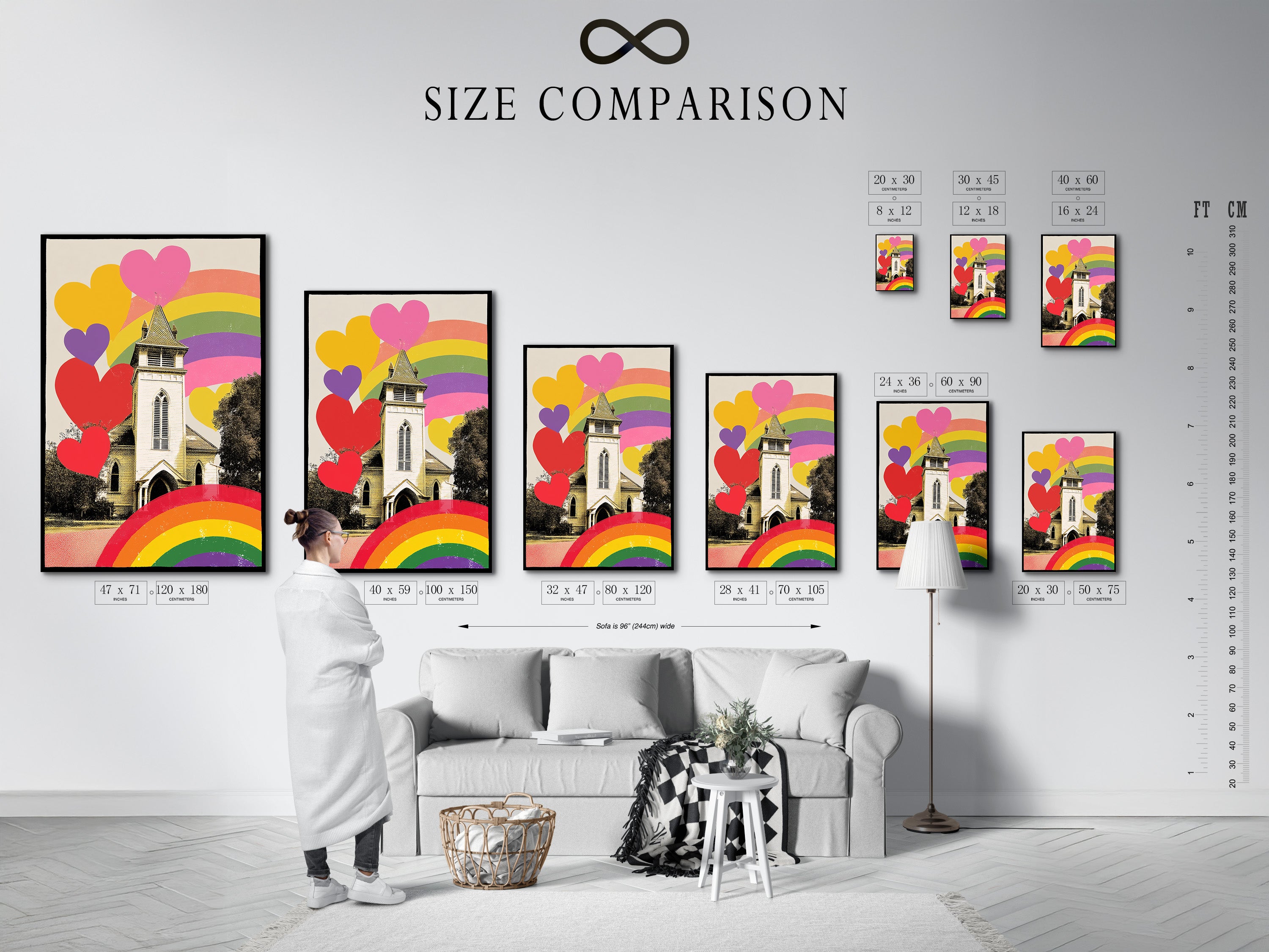 Size comparison chart is displayed in an interior setting. The chart helps visualize artwork dimensions. It shows how different sizes fit in a room. Choose the perfect size for your canvas print or poster. Ensure your artwork fits seamlessly