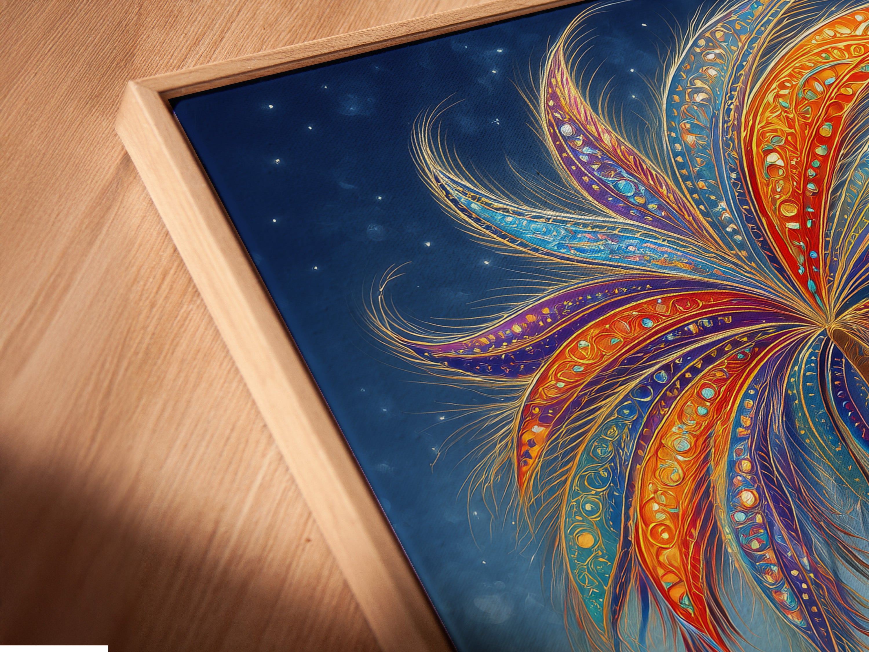 A close-up angled view of a canvas print in a floating frame. The art features a tropical palm tree. The floating frame gives a modern gallery look. Perfect for adding a touch of bohemian beach style to your home decor.