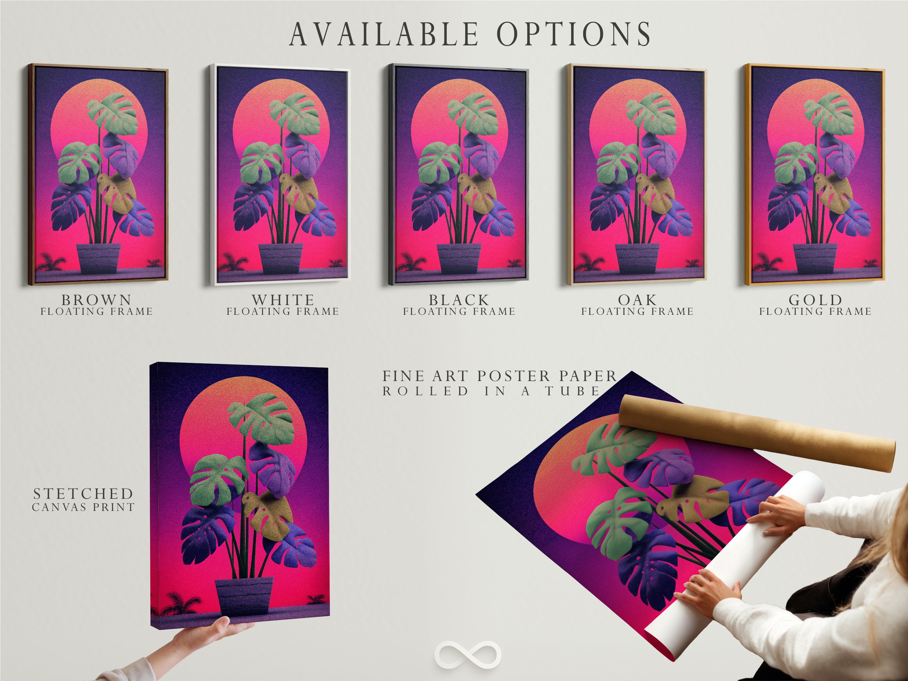 Available options for the monstera retro sunset artwork. Choose from a stretched canvas print a fine art poster paper or a floating frame. Select the perfect style to match your decor and aesthetic preferences.