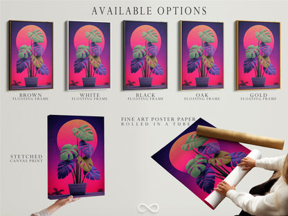 Available options for the monstera retro sunset artwork. Choose from a stretched canvas print a fine art poster paper or a floating frame. Select the perfect style to match your decor and aesthetic preferences.