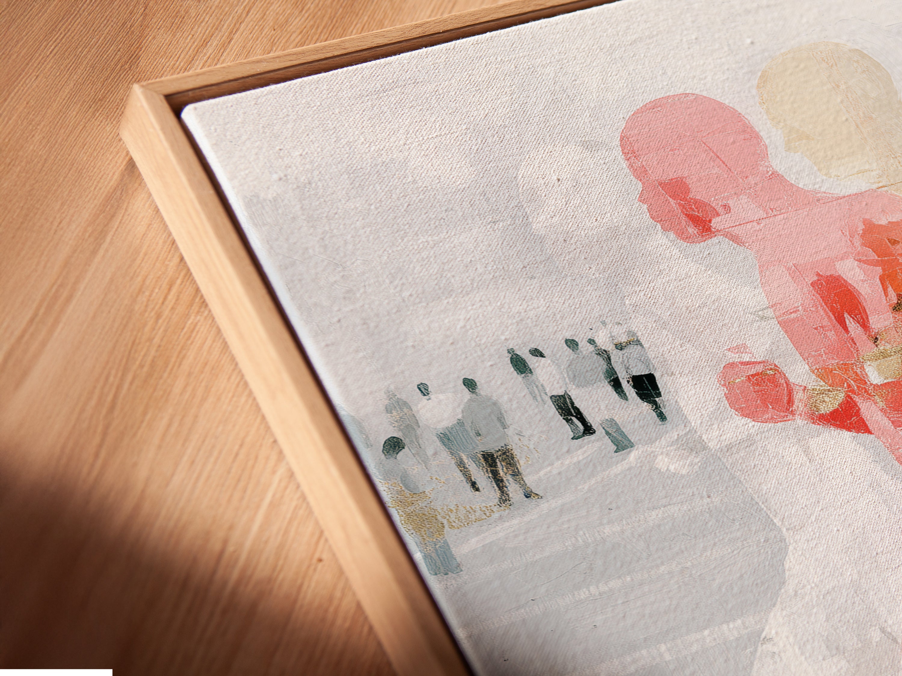 A close-up angled view of a canvas print in a floating frame. The Abstract Runners art print showcases contemporary figures in motion. This modern sports wall art enhances any space. The floating frame adds a sophisticated touch to this runner artwork.