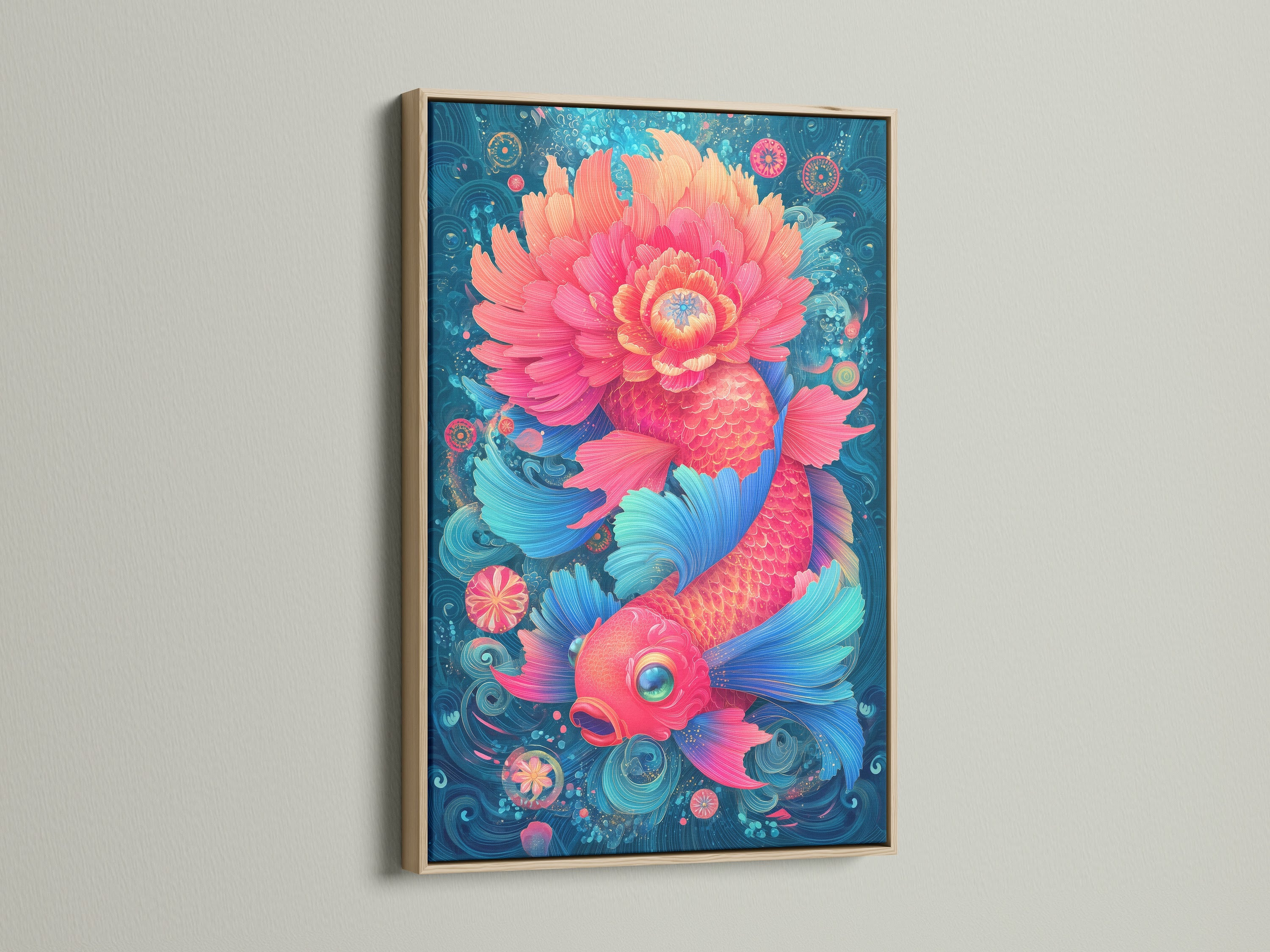 This image shows a framed koi fish artwork. The frame is made of oak. This frame choice enhances the art's modern Asian aesthetic. The artwork features bright pink coral and teal tones that will bring life to your walls.