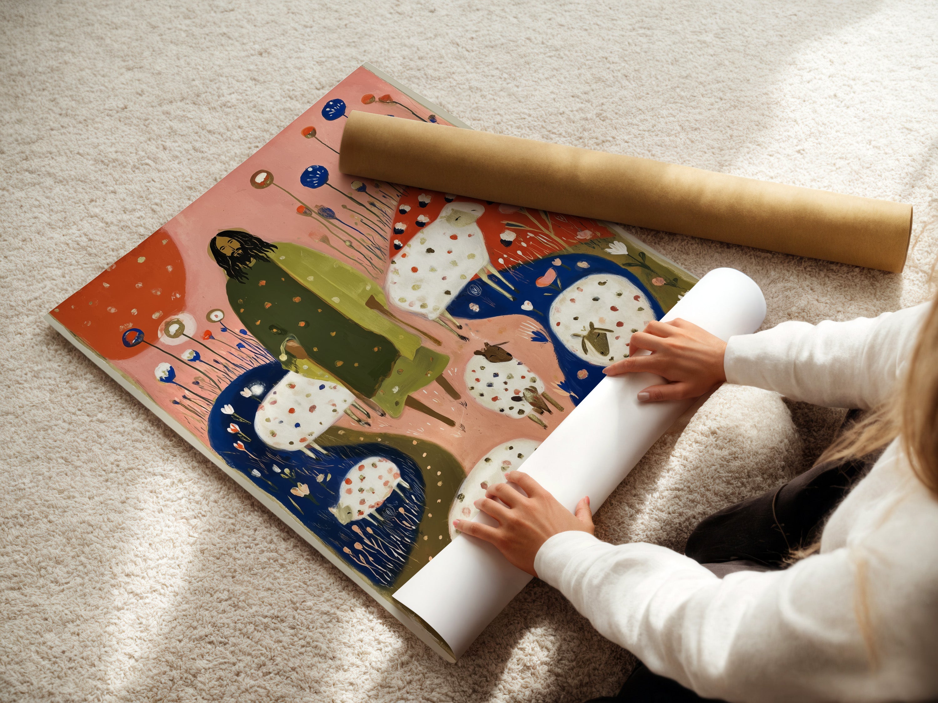 A woman carefully rolling a fine art poster paper. She is preparing it for framing or display. High-quality fine art paper enhances the artwork. Ensuring a professional and lasting presentation for your prints.