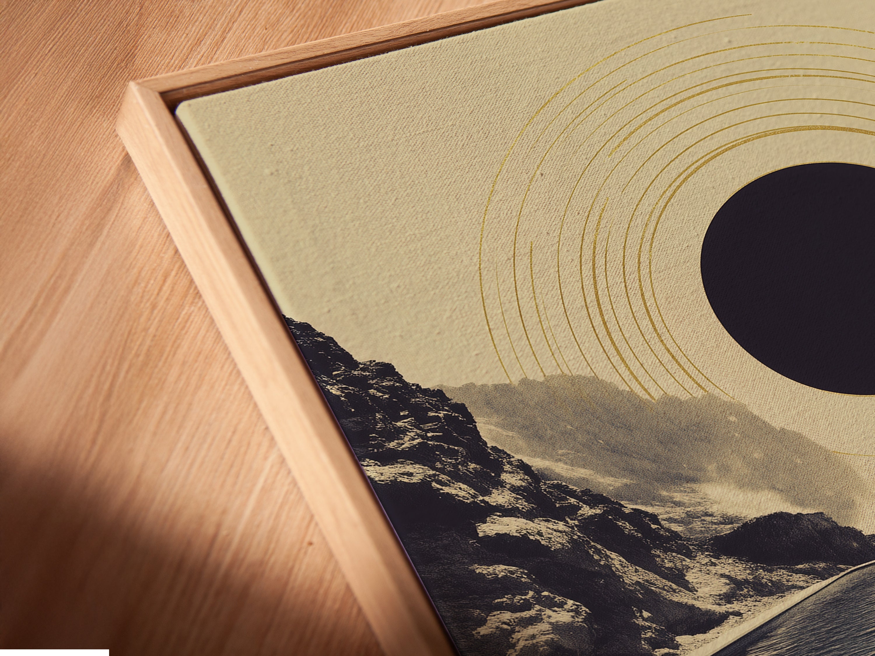 A close-up of a canvas print in a floating frame. The floating frame enhances the artwork's depth. The abstract infinity pool artwork is modern and minimalist. It's a perfect addition to any office or living space. This geometric canvas adds a touch of serenity.