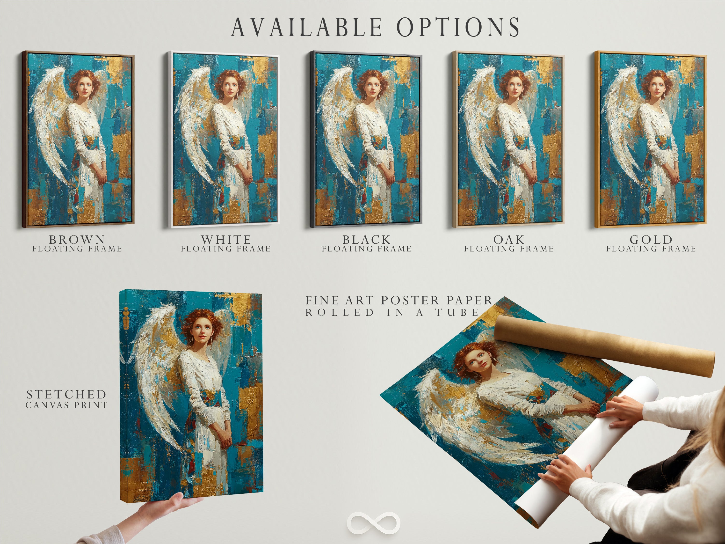 Available options include a stretched canvas print fine art poster paper and a floating frame. Customize your art presentation with our diverse options. Choose the perfect medium and frame. Stretched canvas poster paper and floating frame are available.