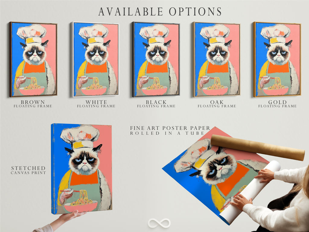 Available options for the chef cat artwork include a stretched canvas print fine art poster paper and floating frame. This funny kitchen print is a colorful pop art poster. Fits modern styles