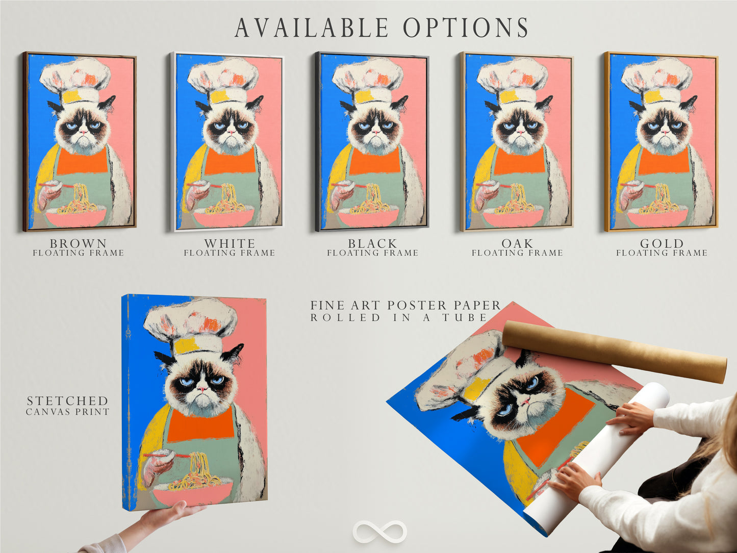 Available options for the chef cat artwork include a stretched canvas print fine art poster paper and floating frame. This funny kitchen print is a colorful pop art poster. Fits modern styles