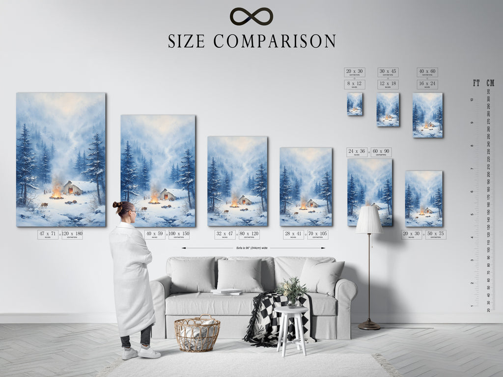 Size comparison chart in interior showcasing the winter cabin artwork. See the various sizes available for this landscape artwork. Ideal for cabin art in lodges and mountain retreats.