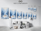 Size comparison chart in interior showcasing the winter cabin artwork. See the various sizes available for this landscape artwork. Ideal for cabin art in lodges and mountain retreats.