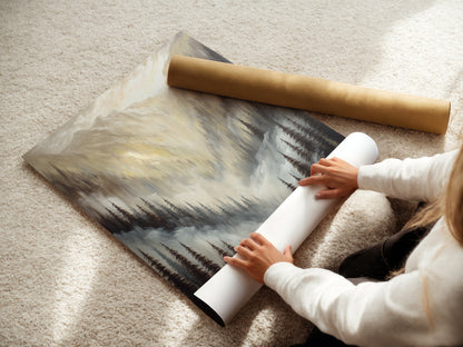A woman is carefully rolling a fine art poster paper. The poster showcases the Mountain Cabin artwork. This high-quality print captures every detail. Ideal for art collectors and nature enthusiasts. Get your fine art poster today for wall decoration.