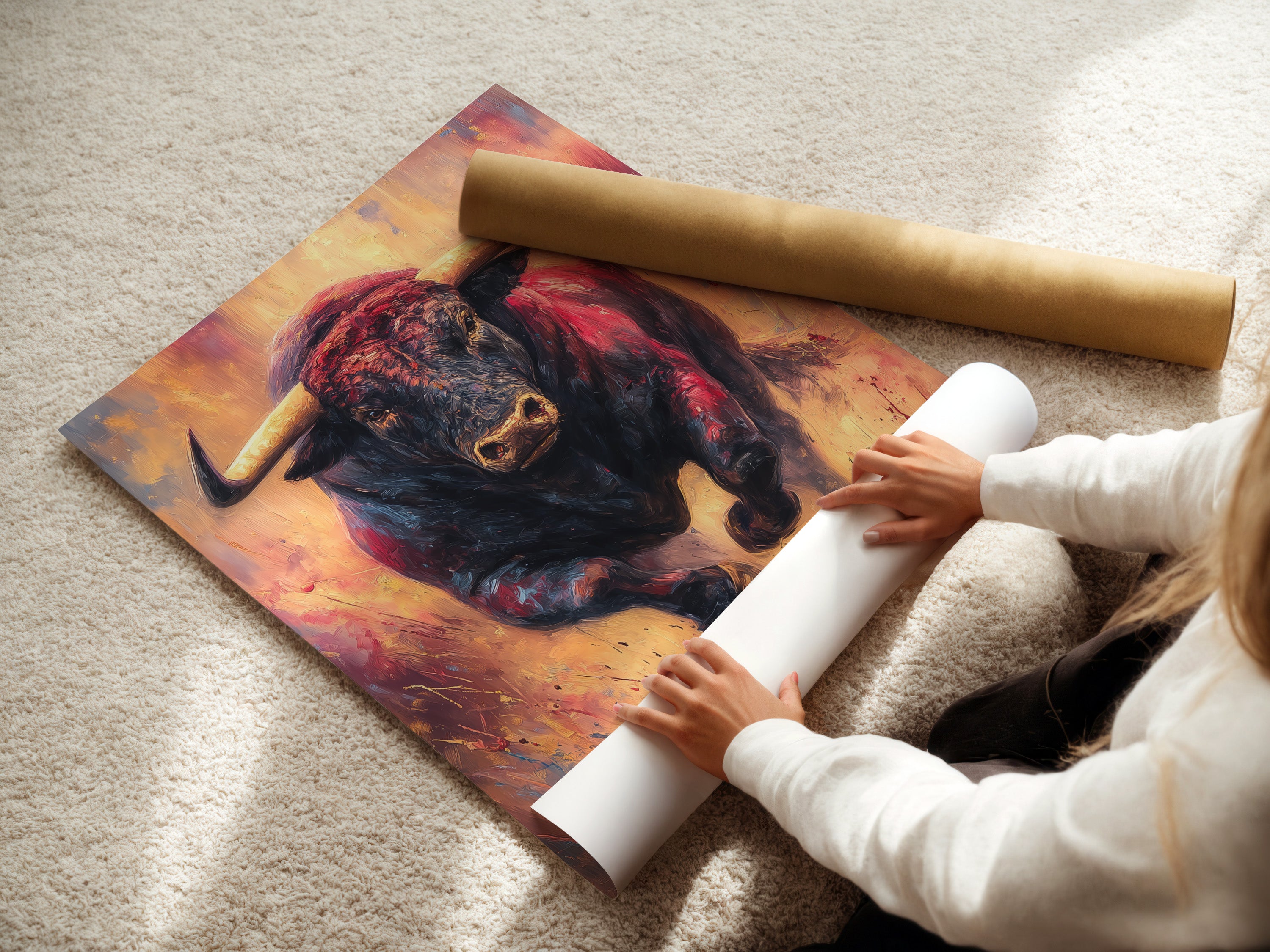 A woman is carefully rolling a fine art poster paper. The paper is smooth and high-quality. She is preparing the print for framing. Our fine art poster paper ensures vibrant colors. Order your art prints today.