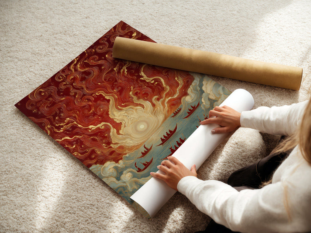 A woman is carefully rolling a fine art poster paper of Asian Maritime artwork. This vintage Chinese ships print is ready for framing. Choose from various options to match your decor. Ideal for nautical wall art.