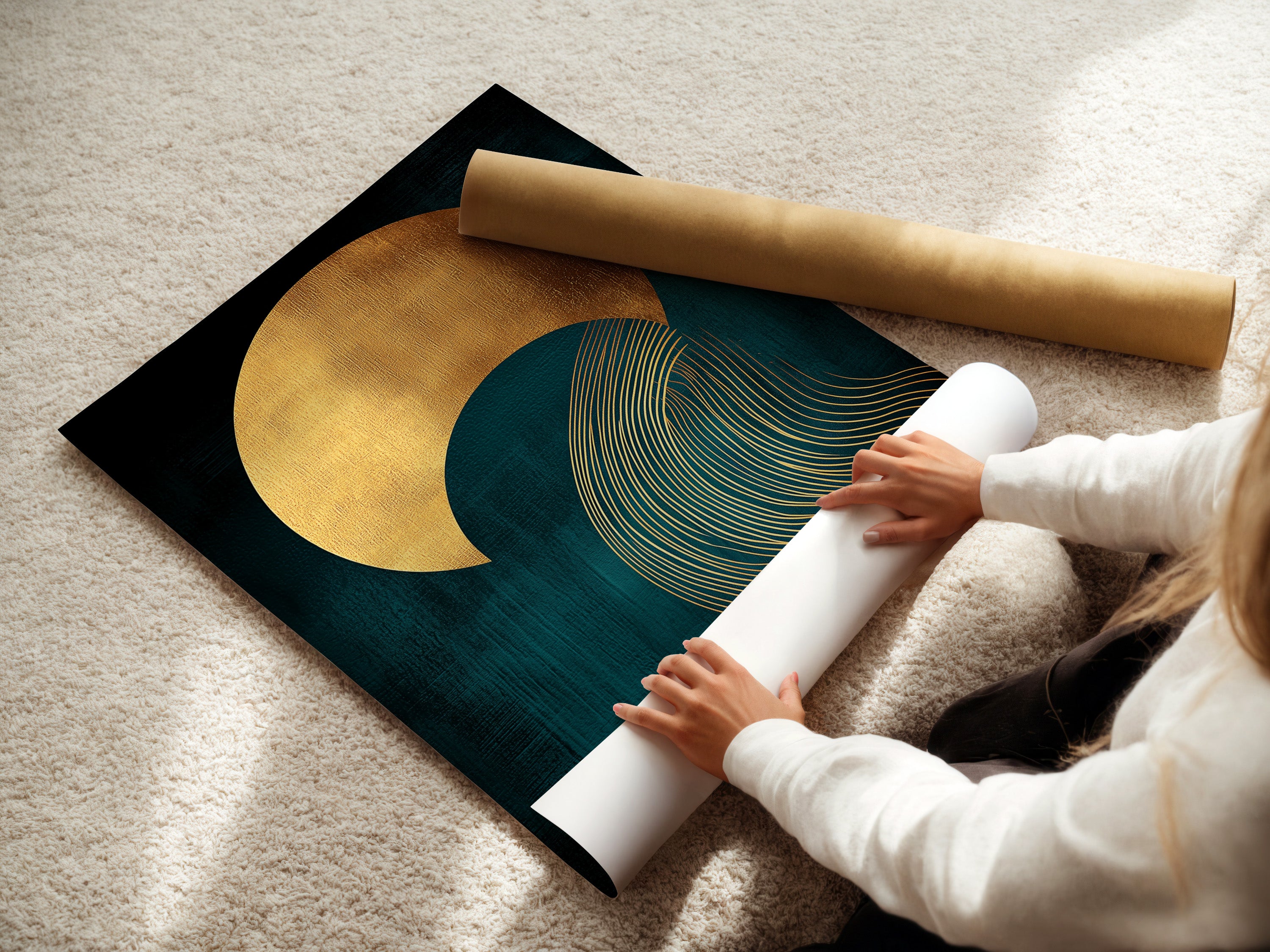A woman is carefully rolling a fine art poster paper. The poster features a teal and gold abstract sun wave artwork. This contemporary print will add a touch of modern elegance to any space. Perfect for decorating living rooms bedrooms and home offices.