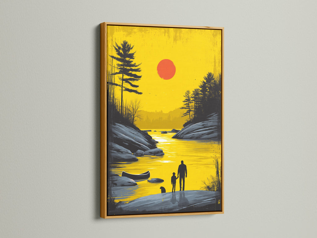 Gold frame showcasing sunset lake artwork. This father and child wall art brings a golden landscape to any room. The serene lakeside decor offers a calming peaceful ambiance. Ideal for minimalist Scandinavian and modern styles. Discover this beautiful artwork for your family room or office.