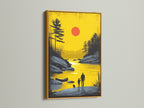 Gold frame showcasing sunset lake artwork. This father and child wall art brings a golden landscape to any room. The serene lakeside decor offers a calming peaceful ambiance. Ideal for minimalist Scandinavian and modern styles. Discover this beautiful artwork for your family room or office.