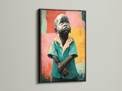 Here is the Thoughtful Boy artwork displayed in a black frame. The black frame offers a sophisticated contrast. It makes the coral art print stand out. Consider this modern wall art for a bold statement. The emotional artwork is striking in a black frame.
