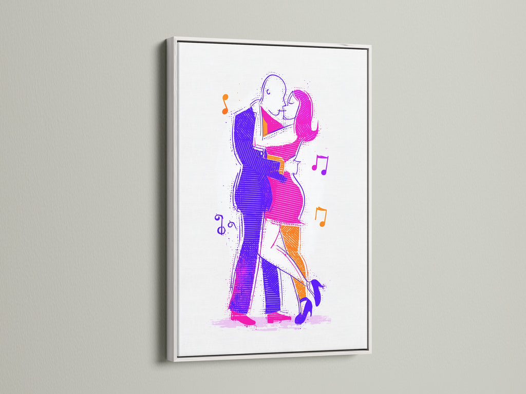 The dancing couple art is showcased in a white frame. The modern line art stands out. It enhances any home wall decor. The abstract figures add a contemporary touch. This piece serves as a thoughtful dancer gift.