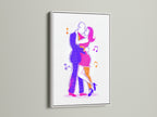 The dancing couple art is showcased in a white frame. The modern line art stands out. It enhances any home wall decor. The abstract figures add a contemporary touch. This piece serves as a thoughtful dancer gift.