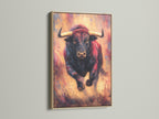 Artwork of a Bull in an oak frame. The light oak wood grain adds warmth. The artwork is displayed beautifully. Elevate your artwork with our quality oak frames. Perfect for any home or office decor.
