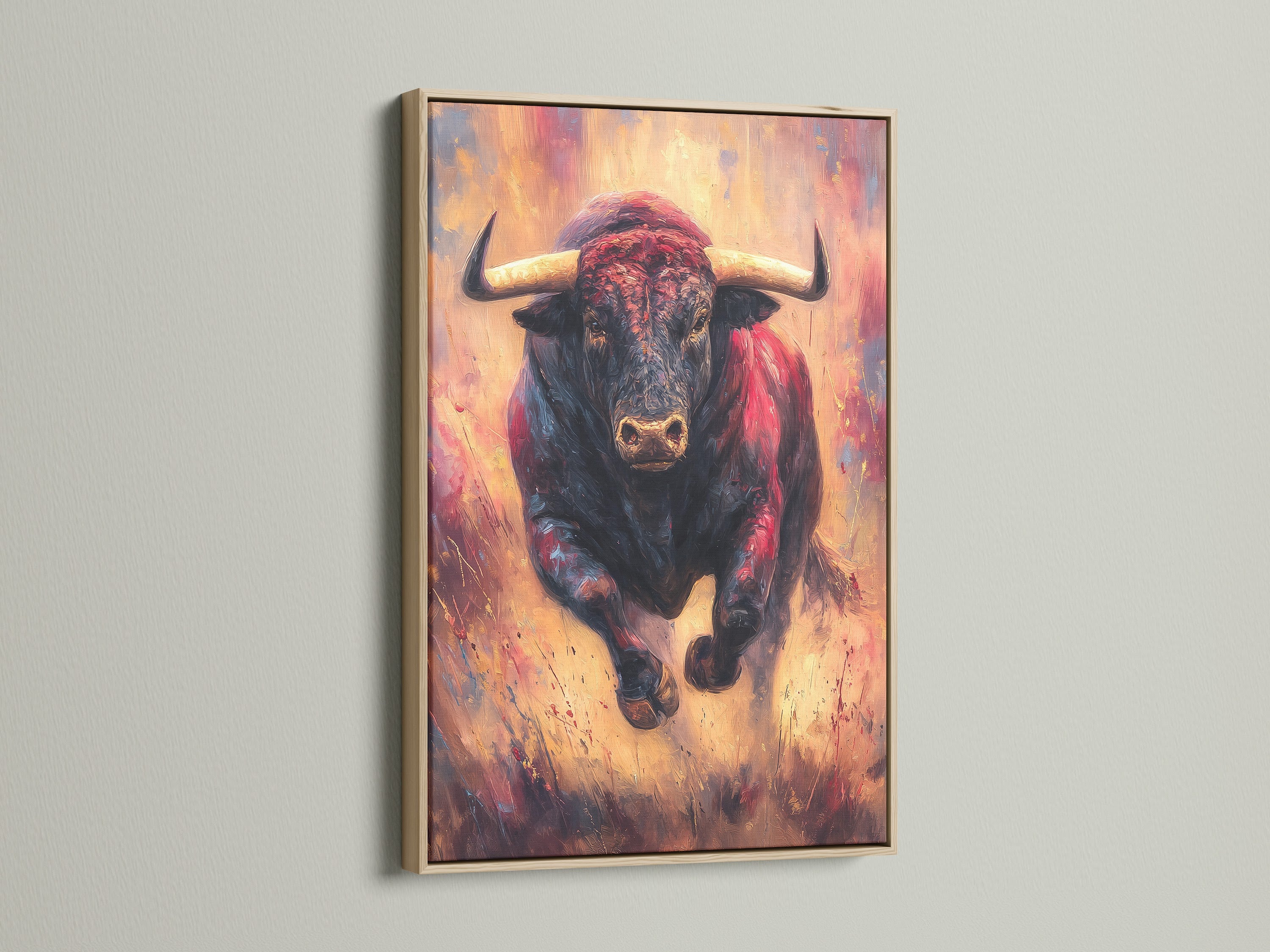 Artwork of a Bull in an oak frame. The light oak wood grain adds warmth. The artwork is displayed beautifully. Elevate your artwork with our quality oak frames. Perfect for any home or office decor.
