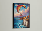 The paragliding artwork is framed in a sleek black frame. The artwork features a coastal landscape with a paraglider in flight. The black frame adds a touch of sophistication. The artwork is perfect for modern interiors. Its blend of blue waters and cliffside art will captivate viewers. This piece brings a sense of adventure to your space.