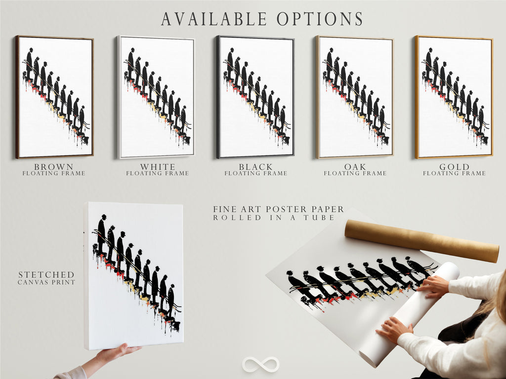 Explore available options for this conceptual artwork. Choose between a stretched canvas print fine art poster paper or a floating frame. Each option enhances the descending figures art. Perfect for modern minimalist decor and office wall art. Find the ideal style for your space.