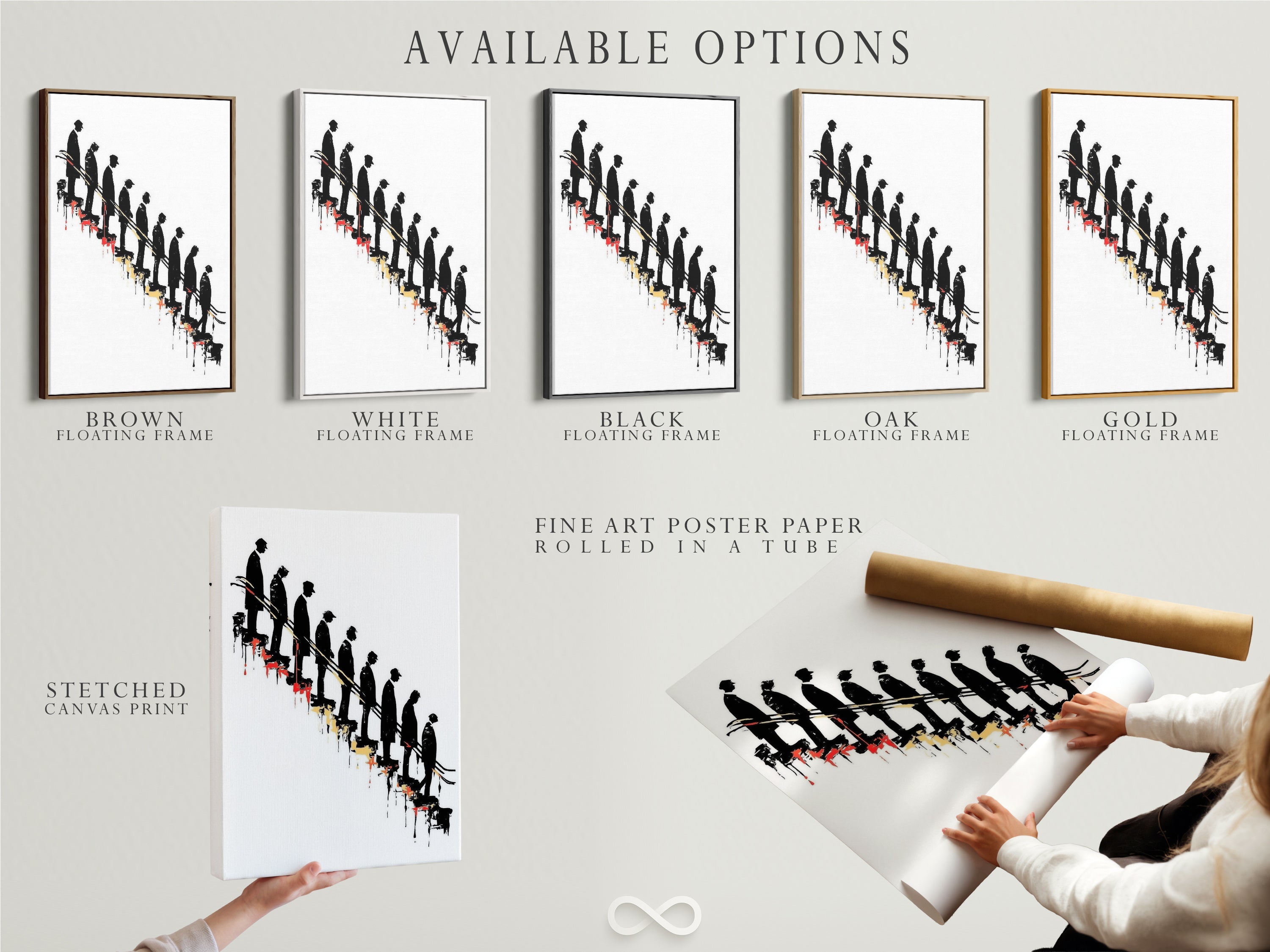 Explore available options for this conceptual artwork. Choose between a stretched canvas print fine art poster paper or a floating frame. Each option enhances the descending figures art. Perfect for modern minimalist decor and office wall art. Find the ideal style for your space.